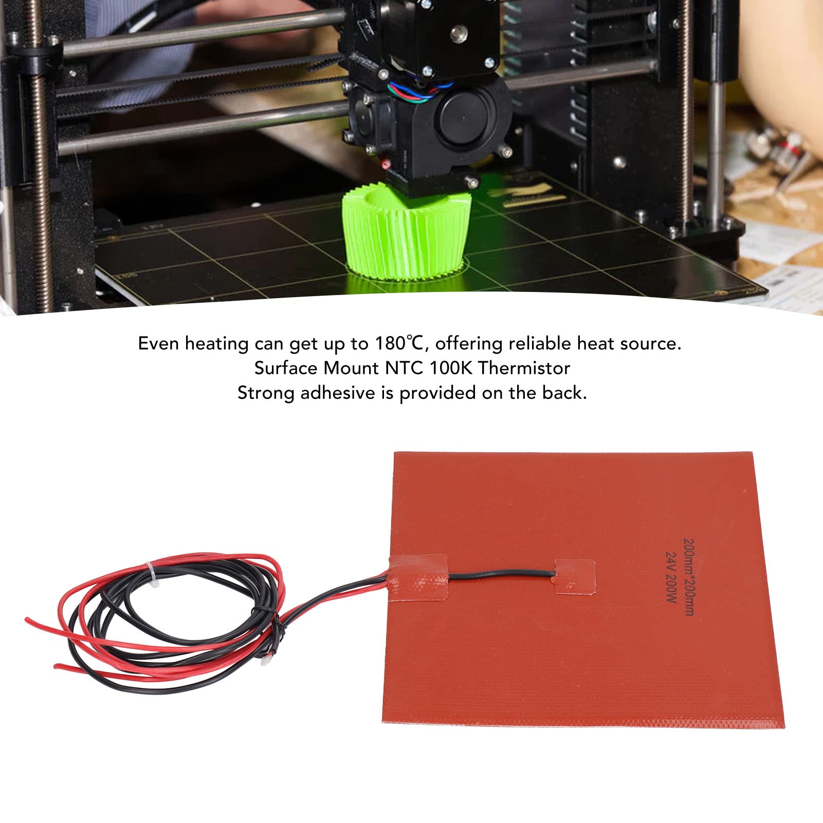 Akozon Silikon-Heizkissen Für 3D-Drucker – 200x200 Mm, 200W, 180°C Max., Kompatibel Mit Ender 3/5 U.a. (DC12V Oder 24V)