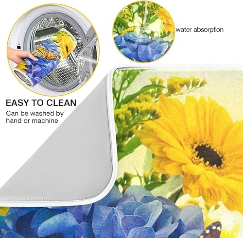 Miniatura 2 de Tapete de secado de platos vintage con girasoles y mariposas para encimera de cocina, ultra absorbente, reversible, de microfibra, resistente al