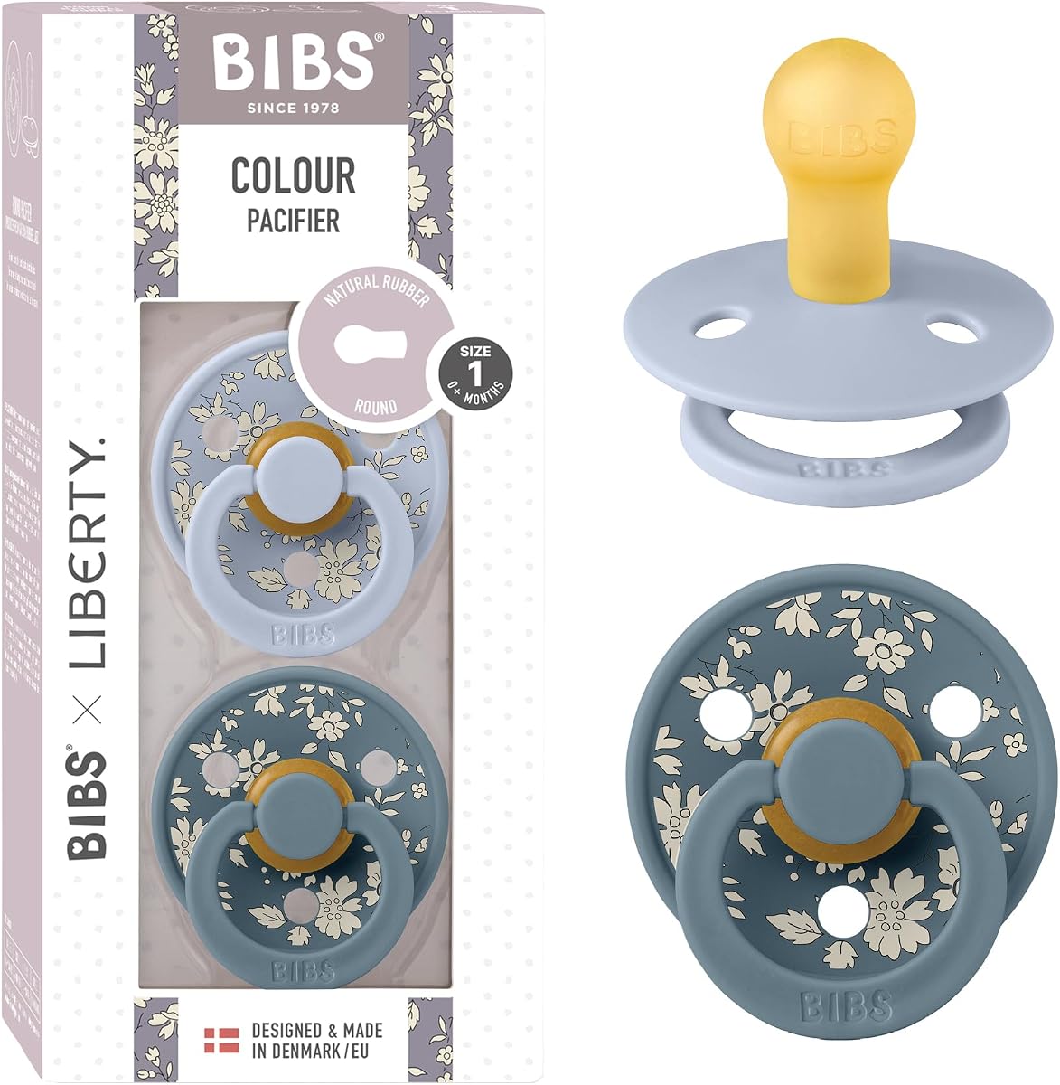 Chupete BIBS x Liberty Color, 0-6 meses, paquete de 2, redondo, Capel Dusty Blue | Caucho natural | Talla 1 | Sin BPA | Fabricado en Dinamarca | Alta aceptación del pezón | Orificios de flujo de aire | Escudo de confort