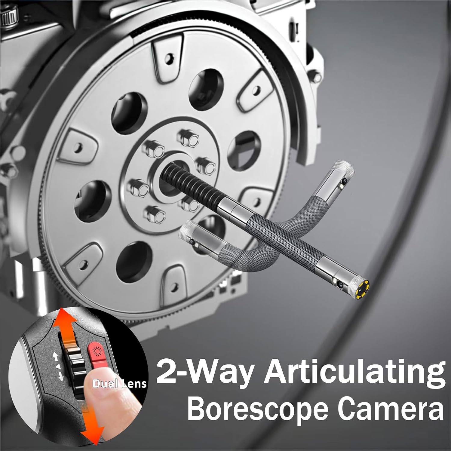 Dual Lens Articulating Borescope,0.24In Endoscope Camera with Light,5.3FT