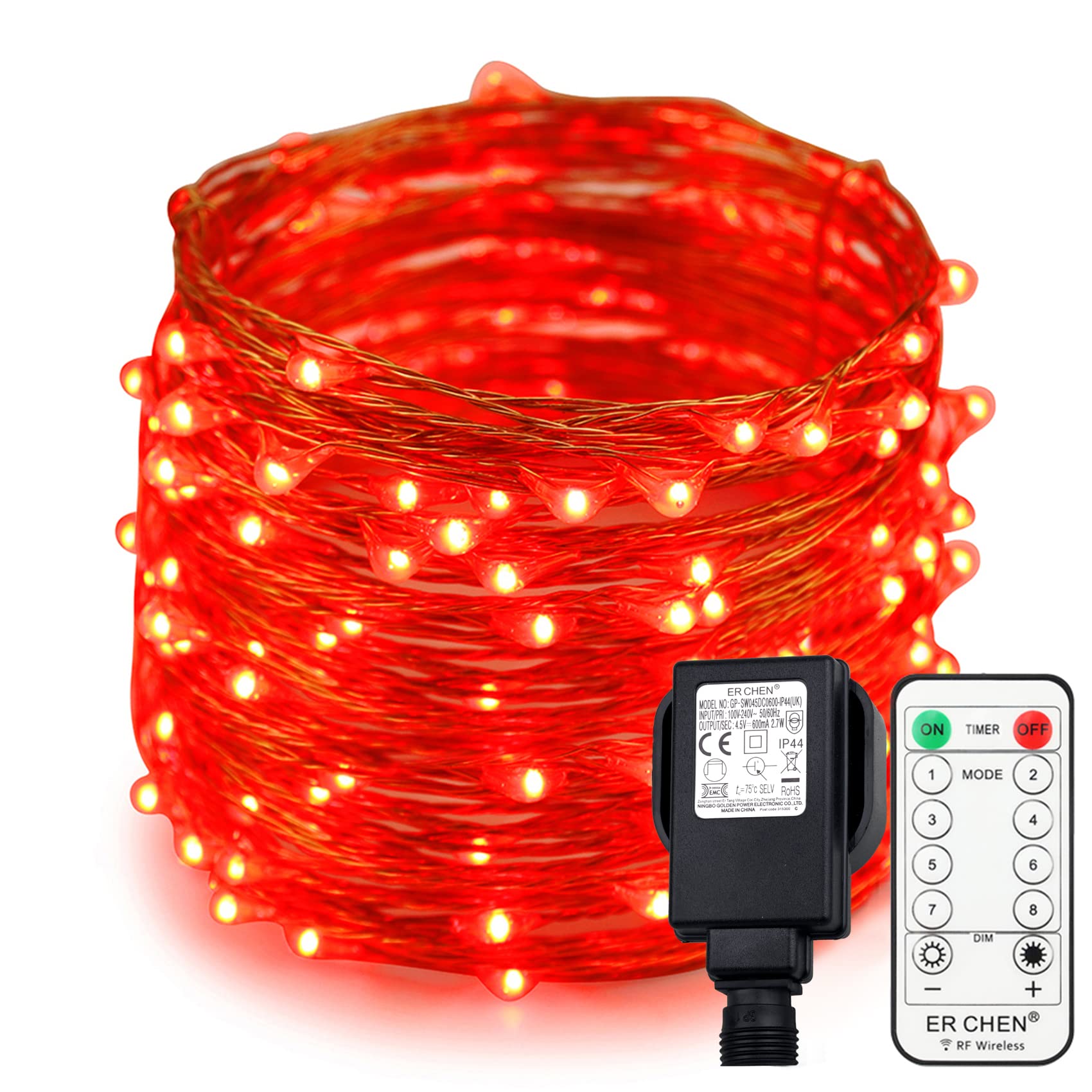 Er Chen Red Fairy Lights Plug In 66 Ft 200 Led Copper Wire Dimmable Twinkle String Lights With Remote Timer,