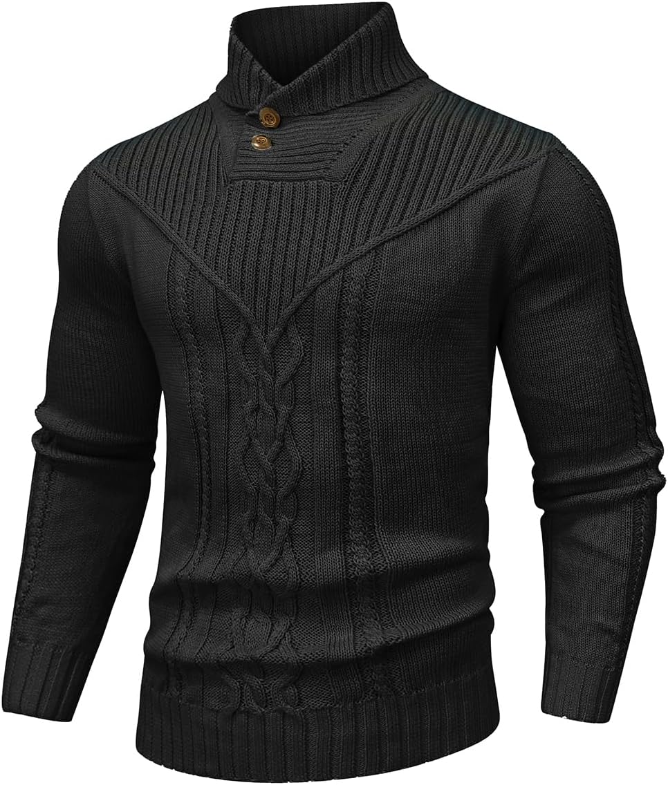 SAVKOOV Men's Shawl Collar Pullover Sweater Casual Button Cable Knit Sweaters