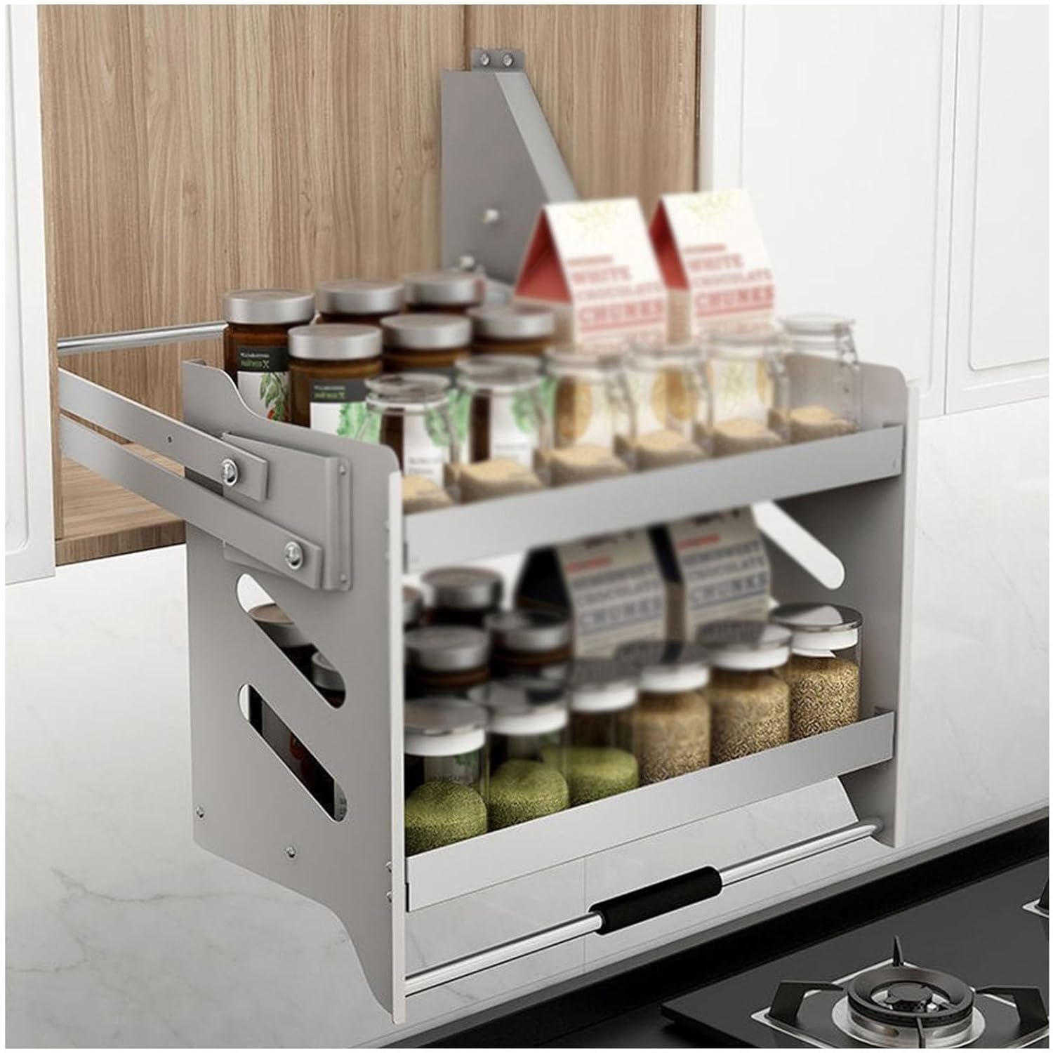 Expandable 2-Tier Stainless Steel Pull-Out Shelf for Kitchen Cabinets & Pantry - Space-Saving Storage Solution Ideal for Café & Home Use (Silver 714x280x520mm)