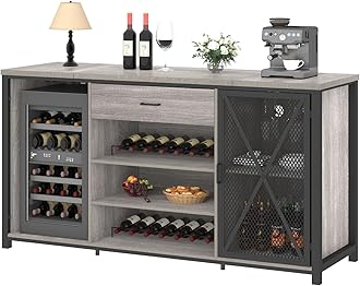 LVB Large Coffee Bar Cabinet with Fridge Space, Long Wood Metal Liquor Cabinet with Refrigerator Storage, Farmhouse Wooden Wine Cabinet with Drawer for Dining Room Kitchen, Light Grey Oak, 70.9 Inch