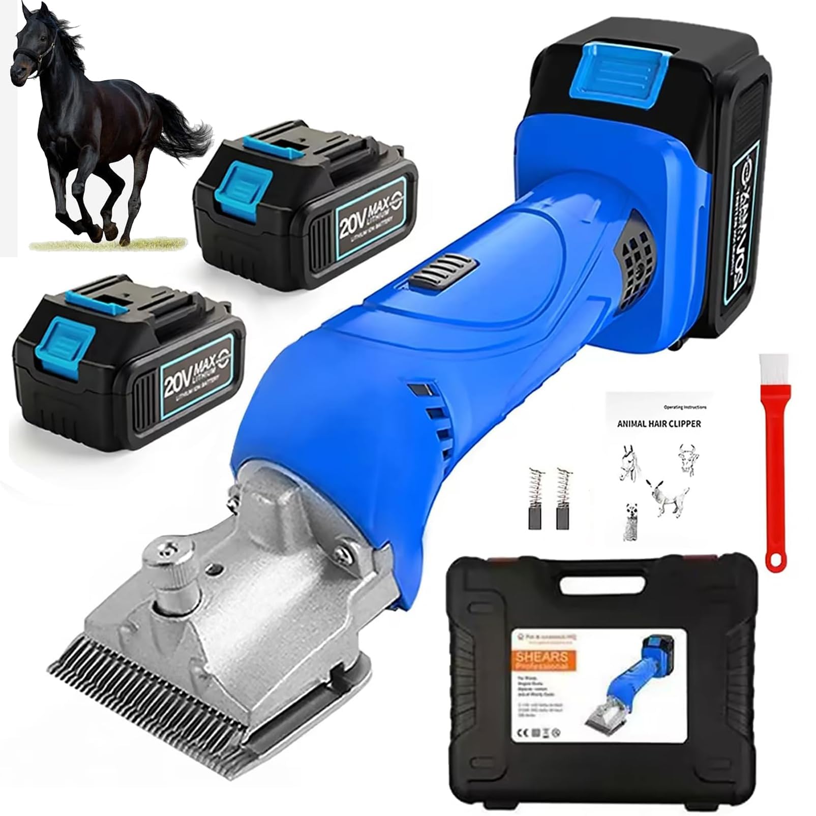 Cortapelos eléctricos para caballos, tijeras equinas inalámbricas con 2 baterías, 6 velocidades (0-2500 RPM), cuchilla desmontable, recortadora de ganado para caballos, ovejas y aseo