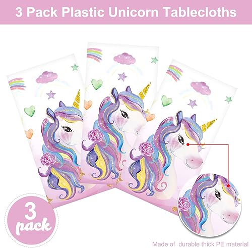 Miniatura 4 de Tiamon Mantel desechable de unicornio de 3 piezas, manteles rectangulares de plástico más grandes para baby shower, suministros de fiesta temática