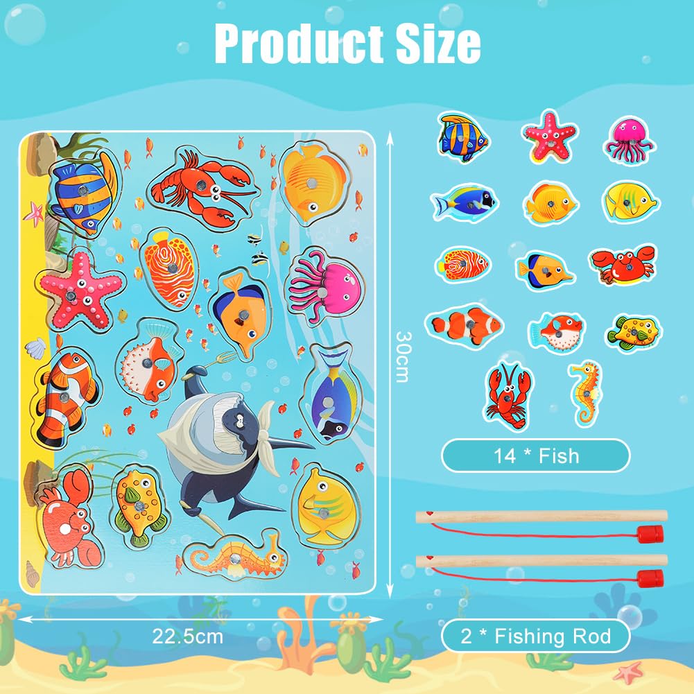Vicloon Magnetico Giochi di Pesca per Bambini, Giochi Magnetici di Pesca in Legno, Giocattoli di Legno Gioco di Pesca, Giochi Montessori, Educativo Interattivi per Bambini Regalo 3 4 5 Anni(Oceano)