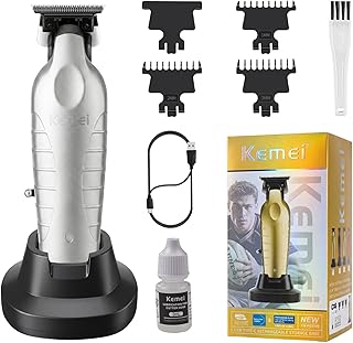 KEMEI 2099 Cortapelos Hombre Profesional, Recortadora de Barba T-Blade Cerámica, Larga Autonomía, Cortadora de Pelo Inalámbrica con Base de Carga, Trimmer para Fade, Contornos y Estilo(Plateado)