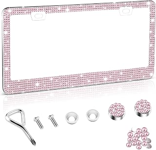 Amiss Bling License Plate Frame for Women, 1Pack Rhinestone Handcrafted Crystal Premium Stainless Steel, Stainless Steel Car Accessories with Diamond Sparkle Glitter Caps (Pink)