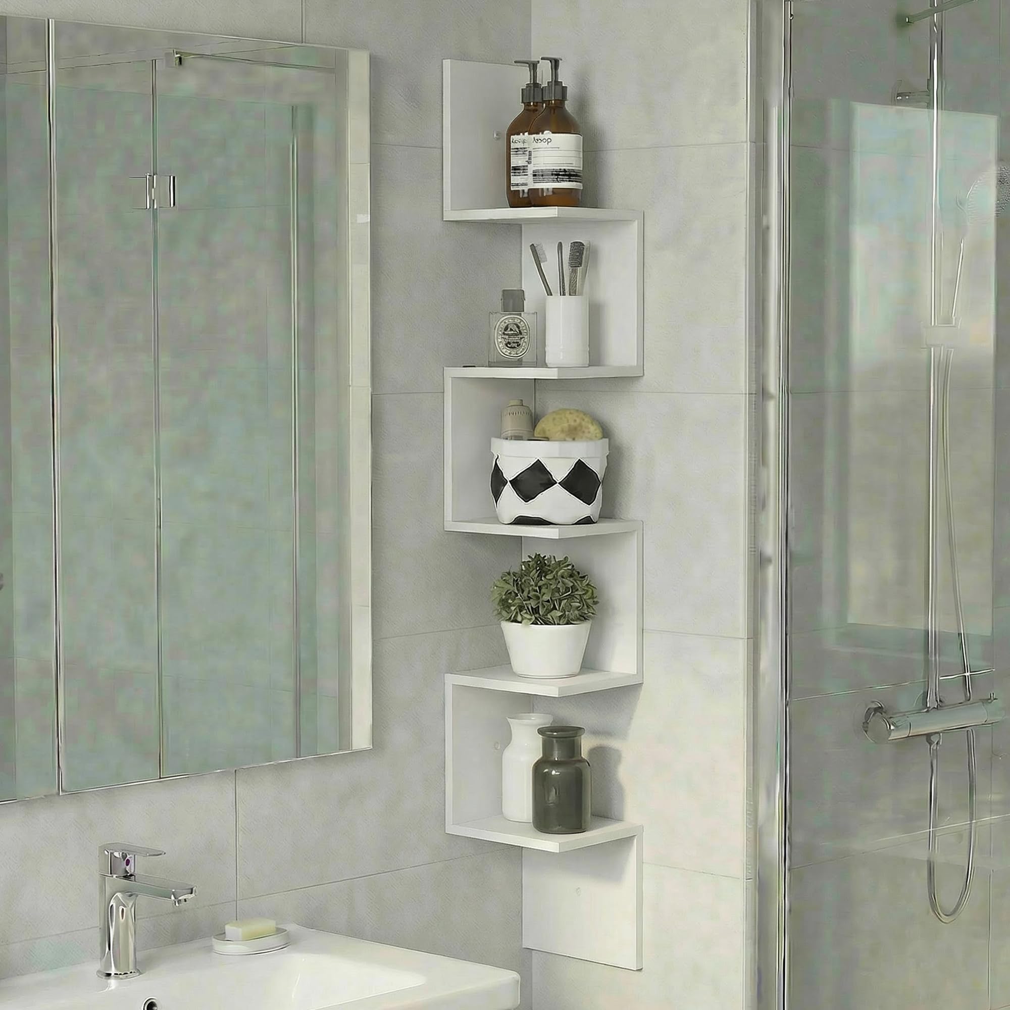 Furinno Rossi Corner Floating Shelves for Wall, 5-Tier Corner Square Wall Shelf, S-Shape Radial Floating Book Shelf, Easy Assembly, for Bathroom, Bedroom, Living Room, White
