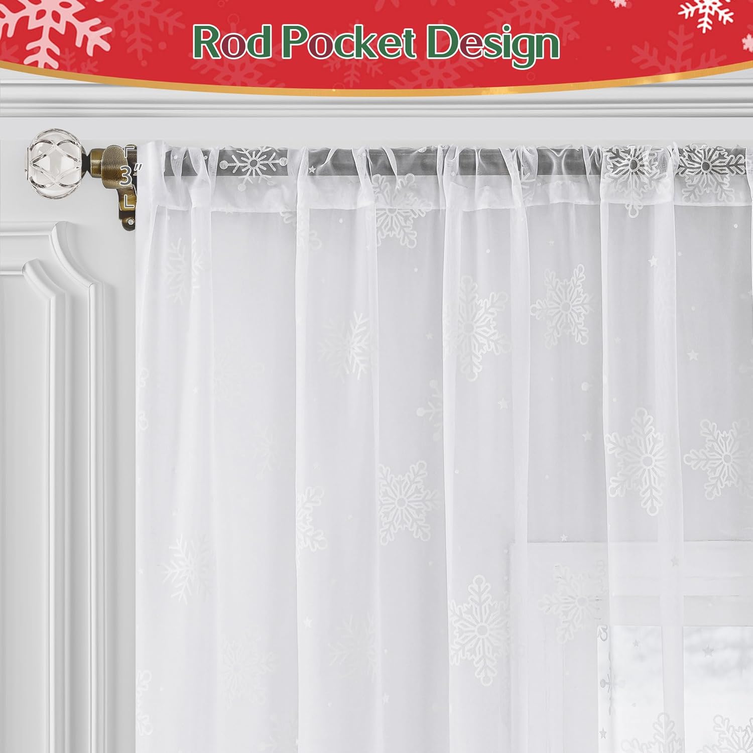 Beauoop Sheer Christmas Curtains 84 Inches Long 2 Panels for Living Room Bedroom White Snowflake Xmas Winter Holiday Decor Privacy Light Filtering Rod Pocket Voile Window Treatments Drapes 52x84 2 Set