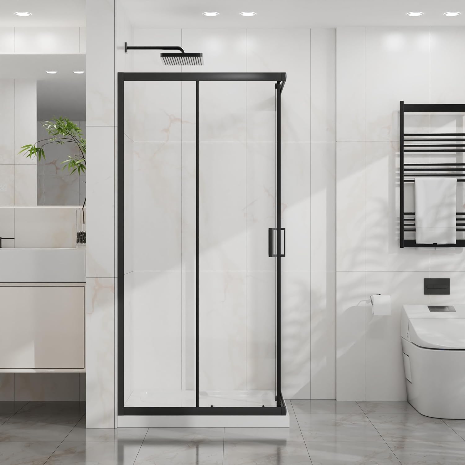 Corner Shower Enclosure 36 in.D x 36 in. W x 72 in. H, Sliding Shower Door with White Shower Base, 1/4 in Clear Tempered Glass Shower Stall, Matte Black