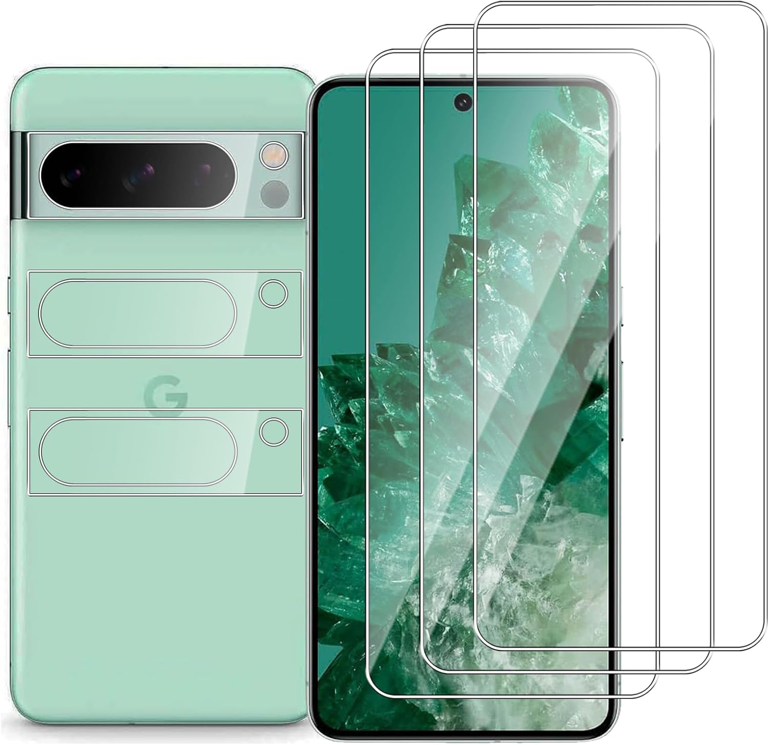 Pack of 3 + 3 Tempered Glass Screen Protectors for Google Pixel 8 Pro Pack of 3 Screen Protectors with 3 Camera Protection 9H Hardness Anti-Scratch HD Clear Screen Protector for Google