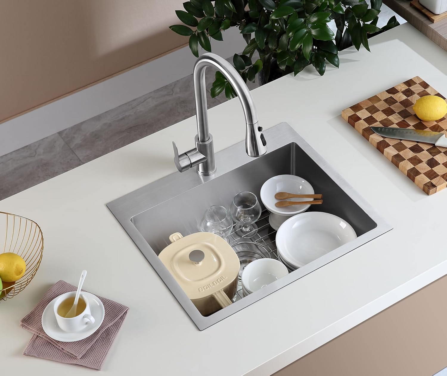 20 inch Kitchen Sink Single Bowl - Drop in Kitchen Sink with Protective Bottom Grid, Overmount 304 Stainless Steel Kitchen Bar Sink Handmade with 1 Hole, 20×16×9