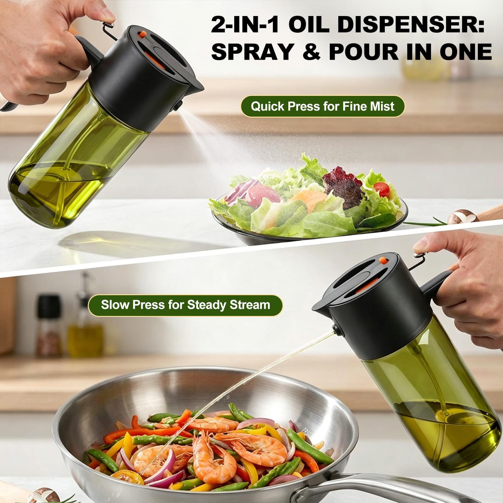 Pulverizador de aceite 2 en 1 de 500 ml para cocinar con calcomanías, botella dispensadora de aceite de oliva de vidrio para cocina, spray continuo con control de porciones, perfecto para freidora de