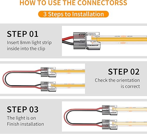 Miniatura 2 de Paquete de 20 conectores LED COB, 2 pines de 0.315in, conector de cristal sin soldadura de 5.9in, conector a presión de doble cabeza de bajo voltaje