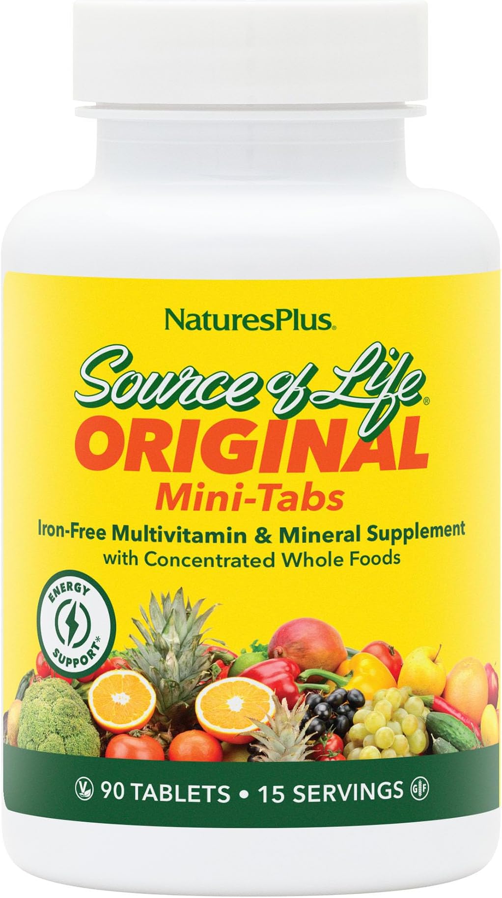 NaturesPlus Source of Life No Iron - 90 Mini-Tabs - Multivitamin & Mineral Supplement - Supports Natural Energy & Overall Well-Being - Gluten Free, Vegetarian - 15 Servings