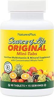 Natures Plus Source of Life Mini-Tabs No Iron - 90 Vegetarian Mini Tablets - Easy to Swallow Natural Whole Food Multivitamin & Mineral Supplement for Health & Energy - 15 Servings