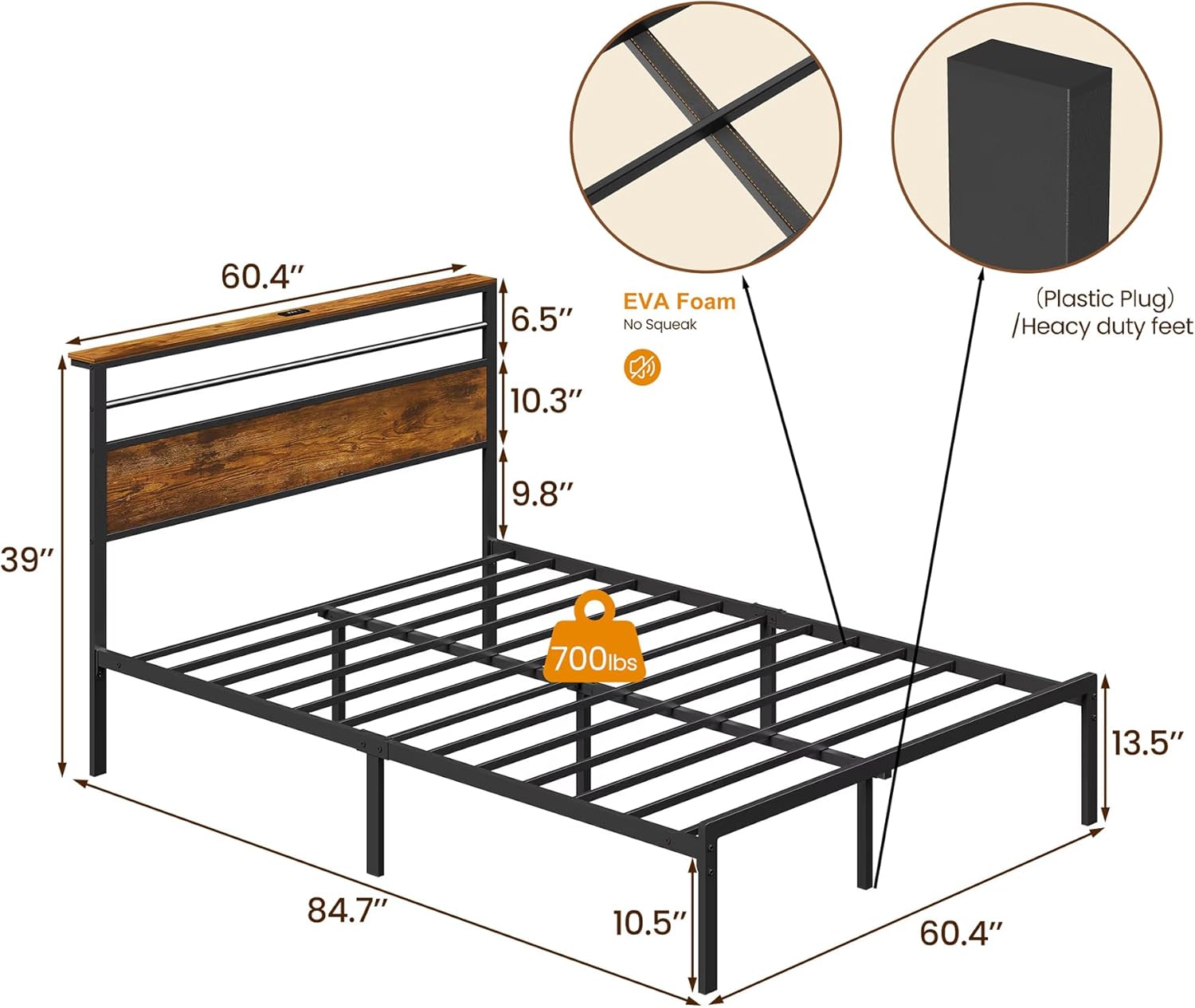 Bed Frame Queen Size with Storage Headboard & Charging Station, Sturdy Metal Queen Platform Bed Frame No Box Spring Needed, Queen Bed Frame Low to Ground, Quiet Base, Black (Queen)