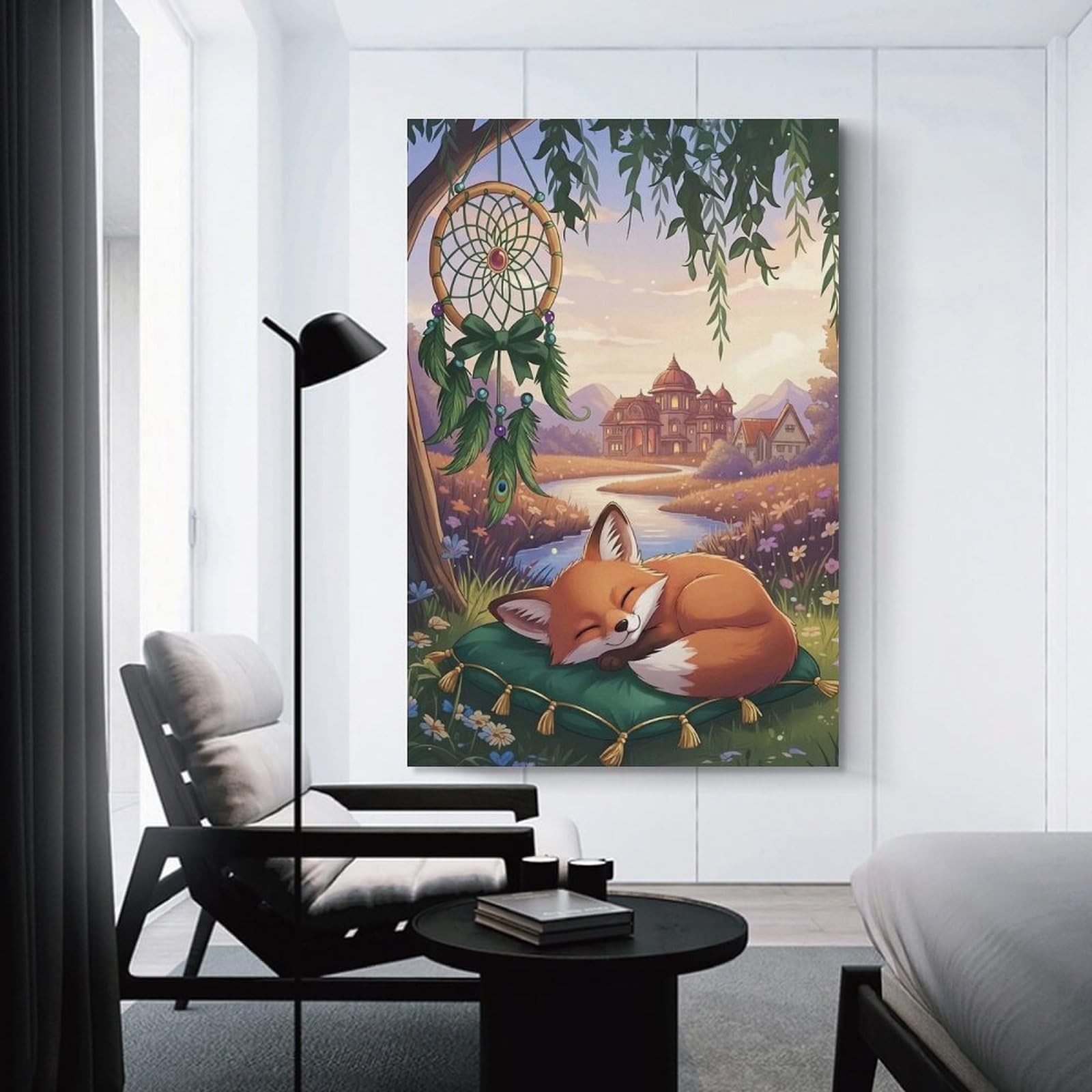 Junmoney Sleeping Fox with Dreamcatcher Landscape Hanging Wall Art 20x30inch(50x75cm), for Study, Office Or Focused Interiors, Wall Art That Adds Style to Work Areas