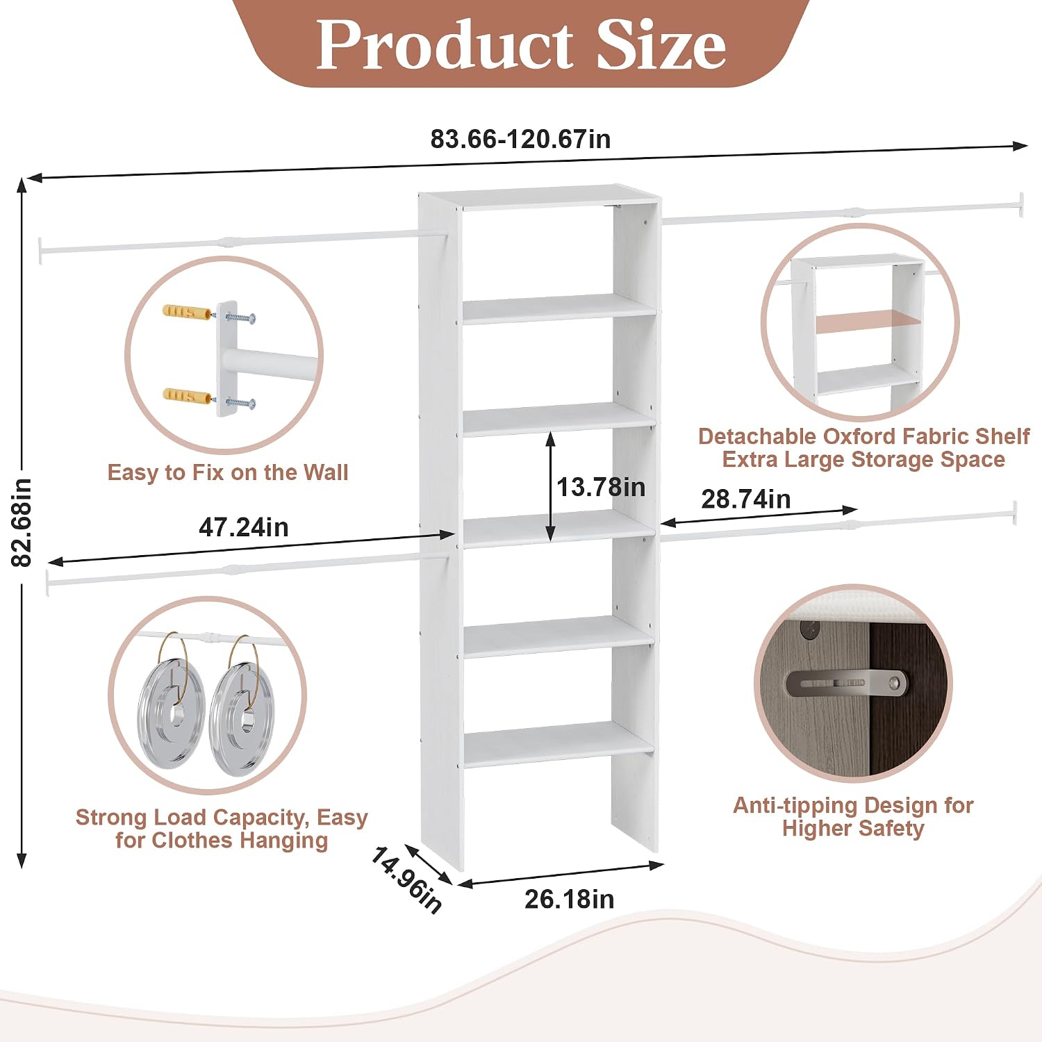 4.6-10 FT Closet System with 4 Expandable Hanging Rods, White