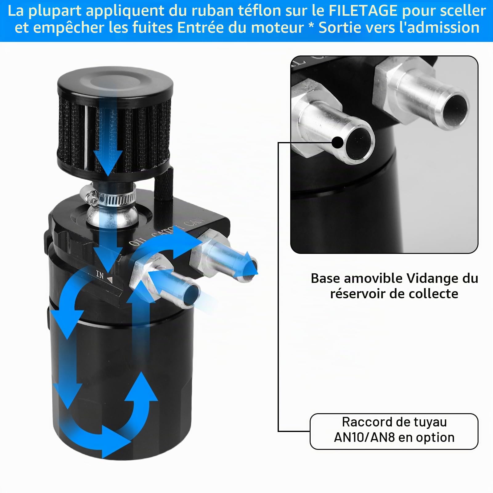 GBKDQQ Oil Catch Can Universal 300 ml (noir) – Réservoir séparateur d'huile avec filtre à air et accessoires, réservoir de récupération d'huile en aluminium pour voiture/moto