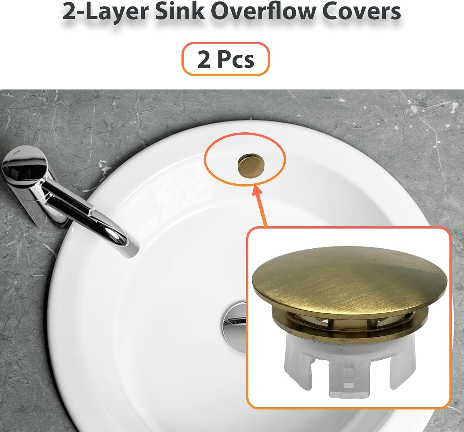 2 Pcs Sink Overflow Covers,2-Layer Sink Copper Over Flow Rings,Bathroom Basin Insert in Hole Round Caps Replacement Dual Layer Overflow Cover Rings for Sink,Bathroom,Kitchen(Gold)
