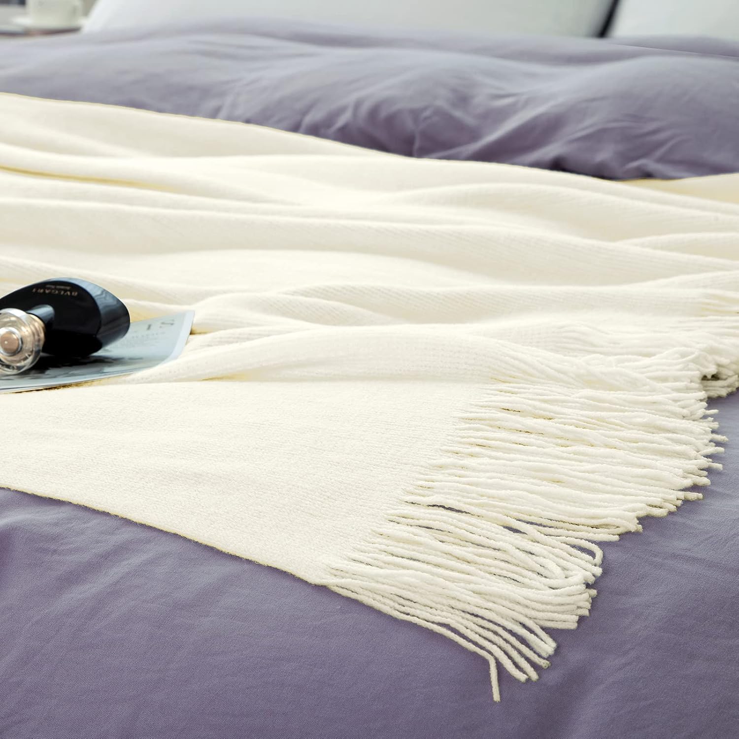 Vonty Ivory White Knitted Blanket with Tassels Fringe 50" x 60", Super Soft Knit Throw Blanket, Farmhouse Decorative Lightweight Blanket for Couch, Sofa, Bed