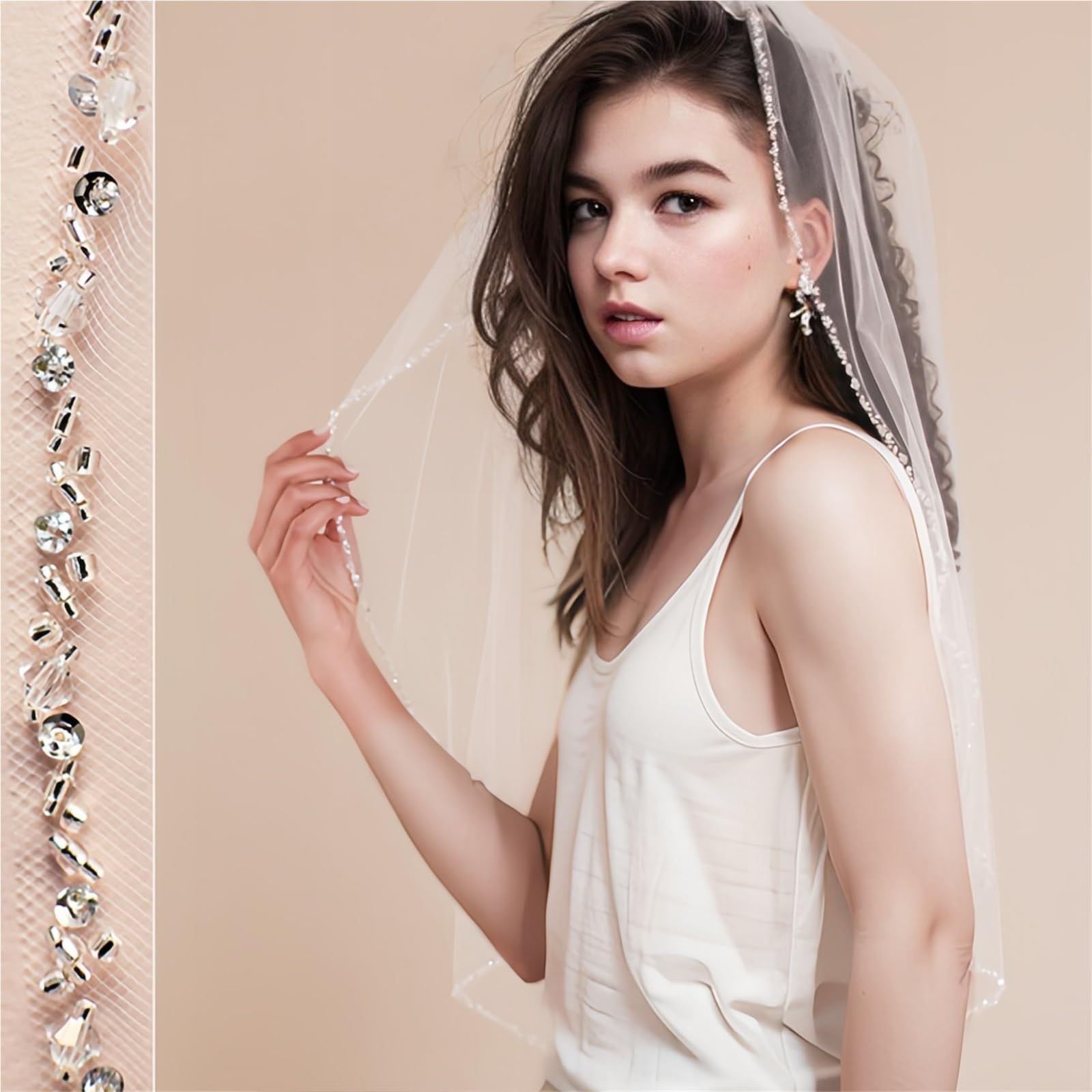 Velo De Novia Velo de novia brillante con borde cadena diamantes, 1 nivel, accesorios for novias imitación, largo peine Para Mujeres