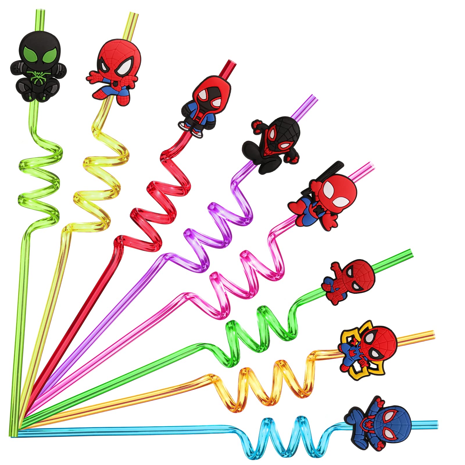Lidmada 24 Spiderman Birthday Party Favors Straws with 2 Cleaning Brushes, 8 Designs Reusable Plastic Straws Great for Superhero Party Supplies Decorations