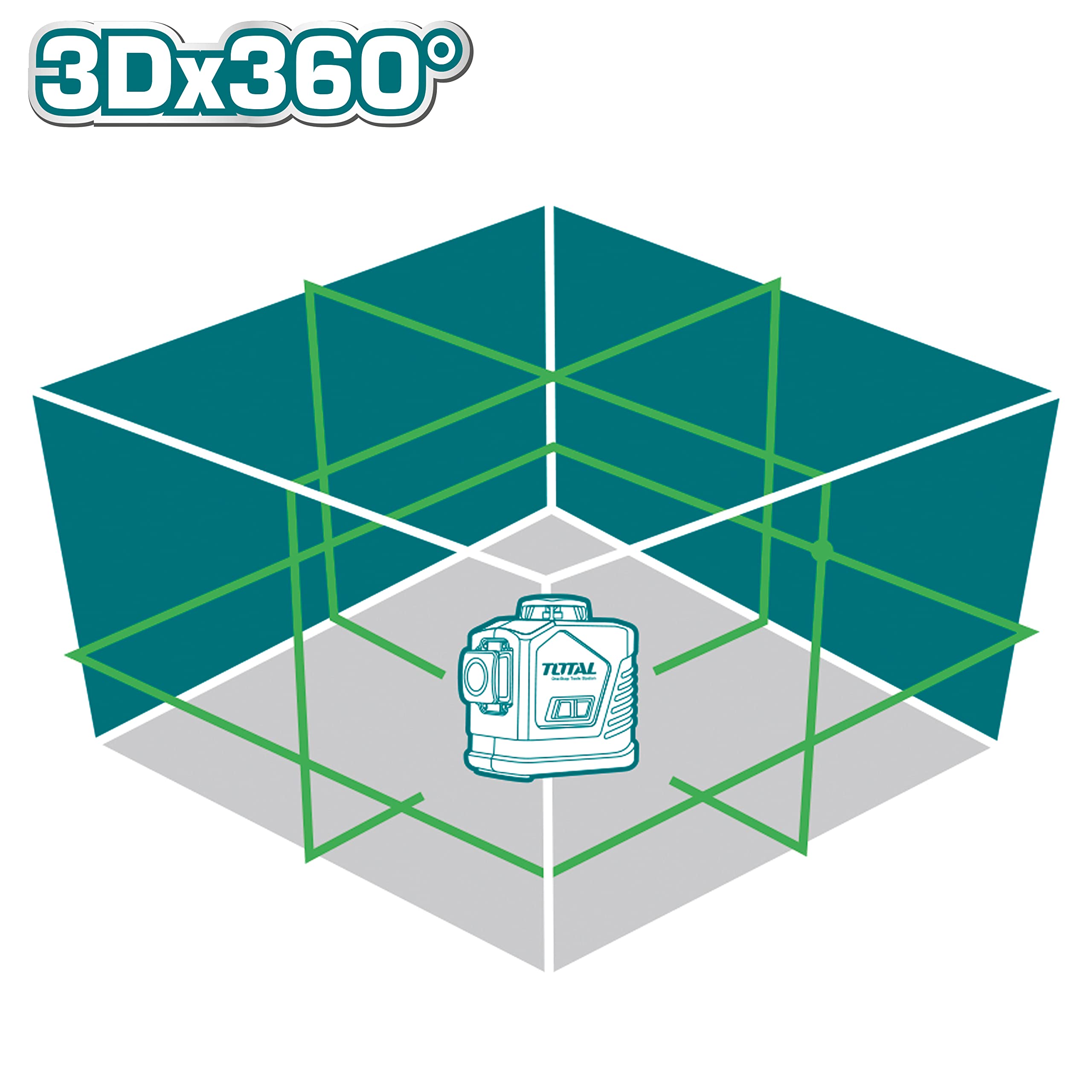 TOTAL - Nivel Láser 3D - Amplitud de 360º - Con Puntero Verde - Rango de 30 m - Incluye Gafas de Protección, Soporte y Maletín de Alta resistencia