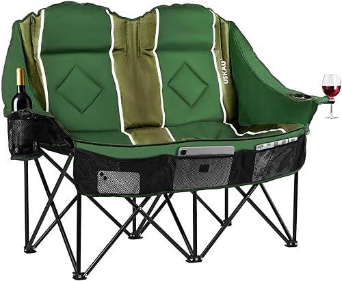 Silla de campamento doble de gran tamaño, portátil, plegable, para 2 personas, sillas de césped resistentes para adultos con cojín acolchado y