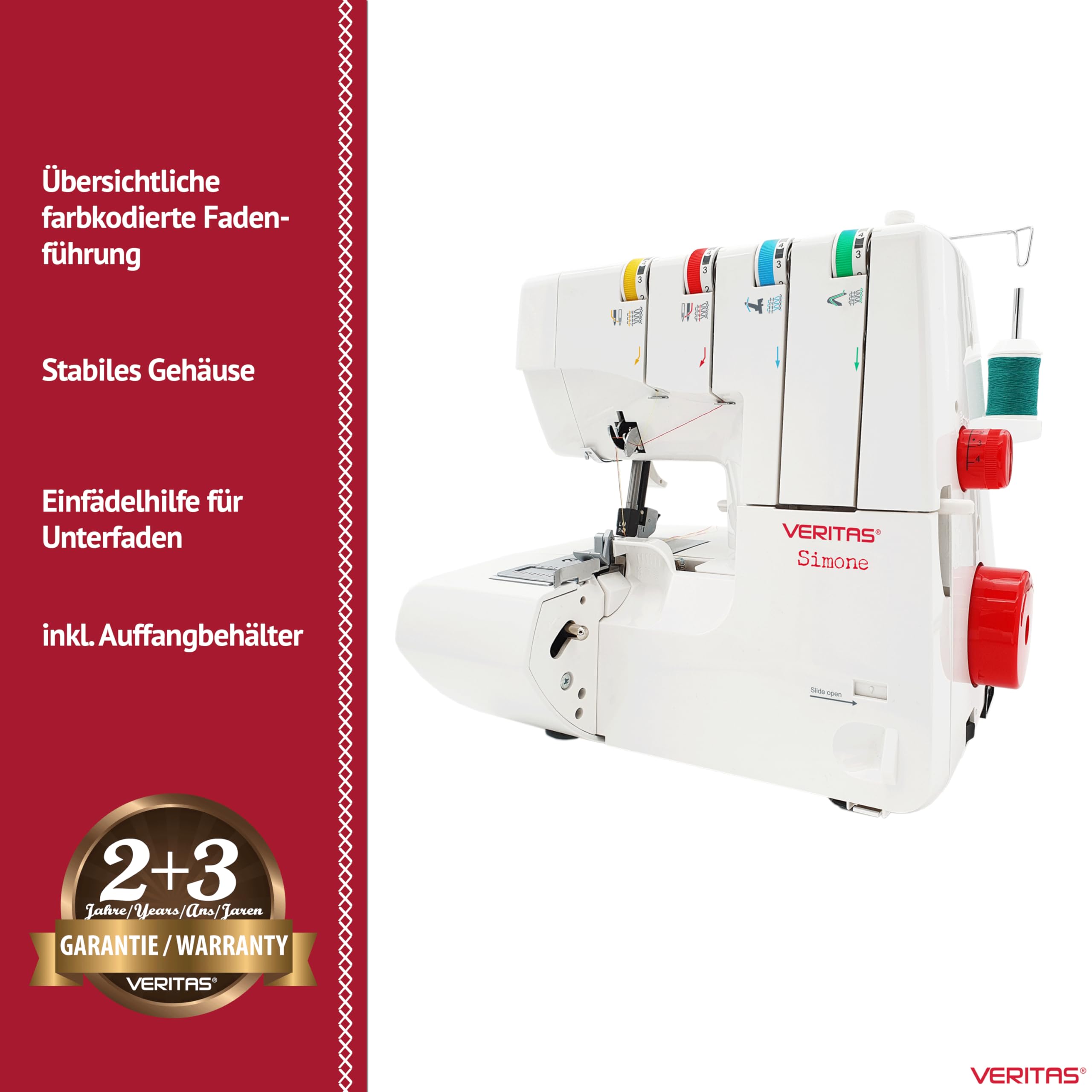 VERITAS Nähmaschine Simone I Overlock-Nähmaschine I 12 Programme I Einstellbare Stichlänge & Stichbreite I 2,3 oder 4-Faden-Nähte I Fadenabschneider & LED-Nählicht I inkl. Staubschutzhülle (weiß)