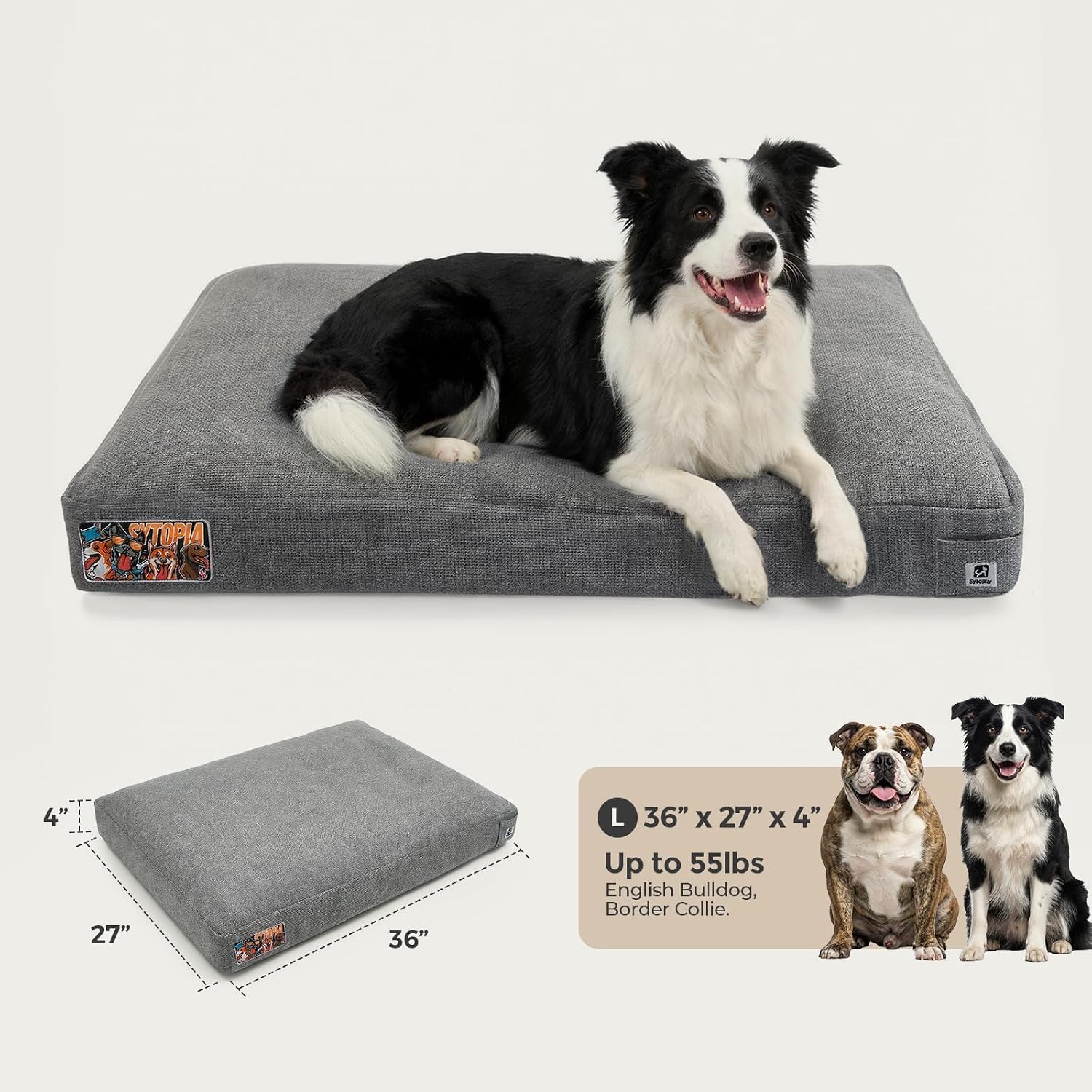Sytopia 36 Inch Durable Indestructible Dog Beds for Large Dogs, Chew Proof WPet Crate Pad with Machine Washable Removable Cover, Great for Indoor, Outdoor, Crate, Patio Use, Grey