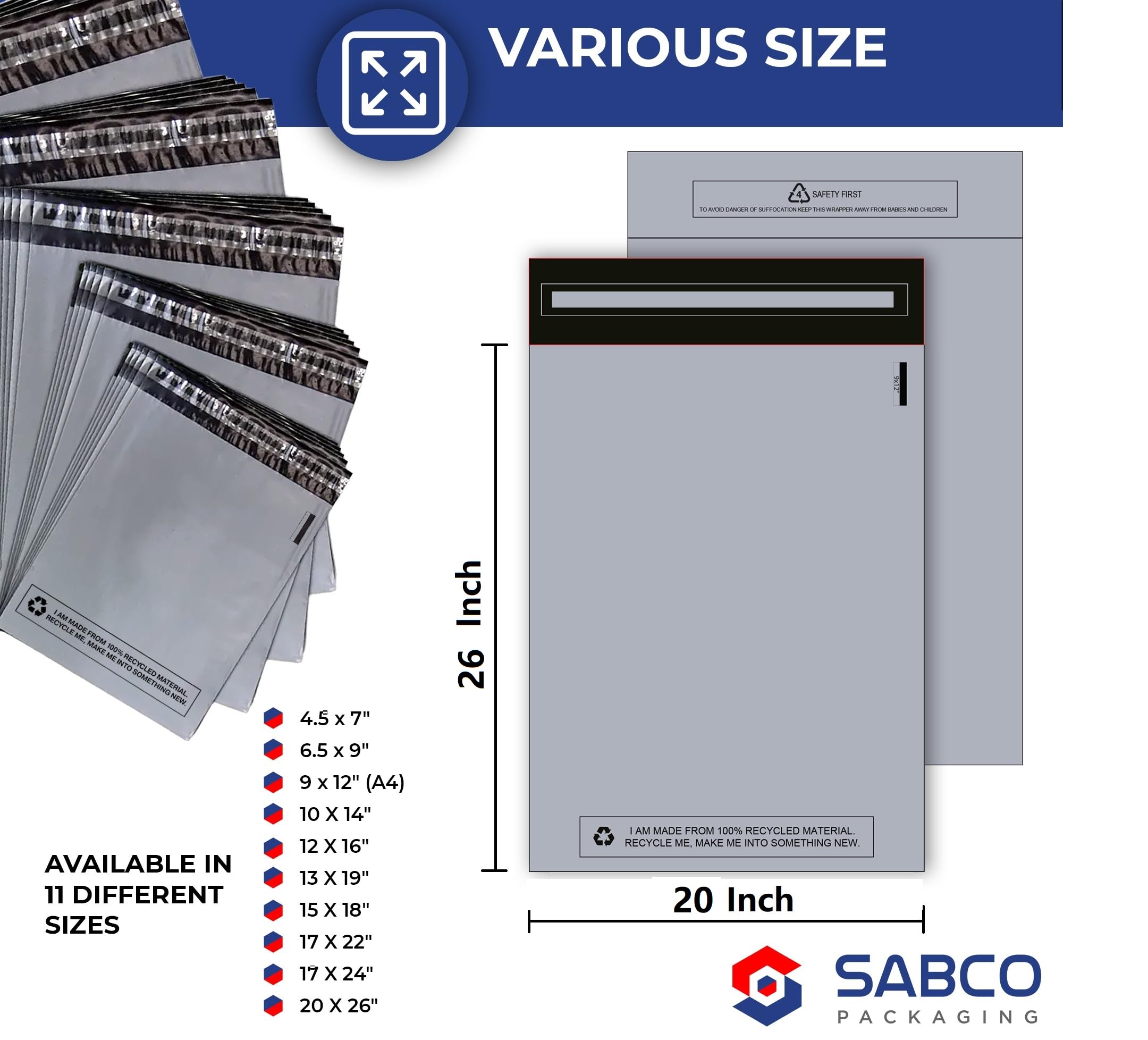 Sabco - Sacs postaux gris - Sacs postaux en plastique auto-scellant - Plusieurs tailles et quantités (100, 20 x 26)