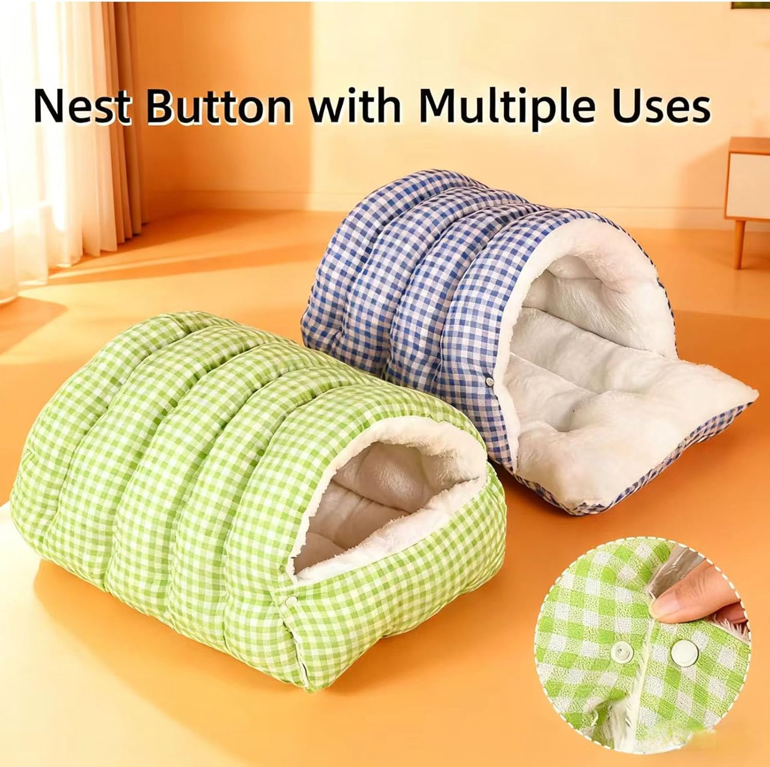Cozy Monster Cat Bed Small Dog Cave & Indoor Cats Cave Removable and Washable Winter Closed-Off Cat Beds Tent with Cushion Hooded Dog Bed Pet House for Kittens & Dogs All-Season Use (L-Check Orange)
