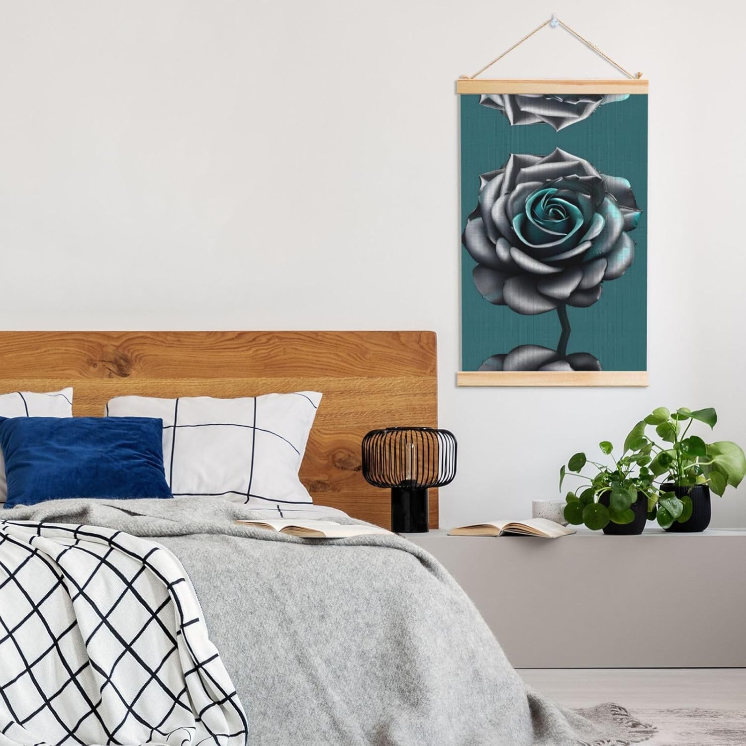 Teal Gray Rose Flower Print Poster Hanger,Hanging Poster, Poster Frame,Wood Poster Hanger, For Wall Hanging