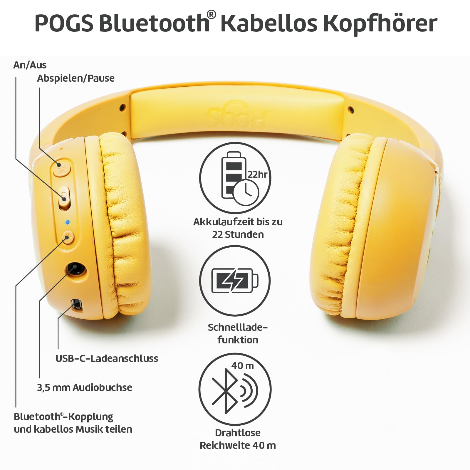 POGS Cuffie wireless Bluetooth per bambini | The Gecko 2 | Cuffie pieghevoli robusti per bambini a partire dai 3 anni | Limite volume 85 dB | Microfono | On-Ear | Funzione di condivisione musicale