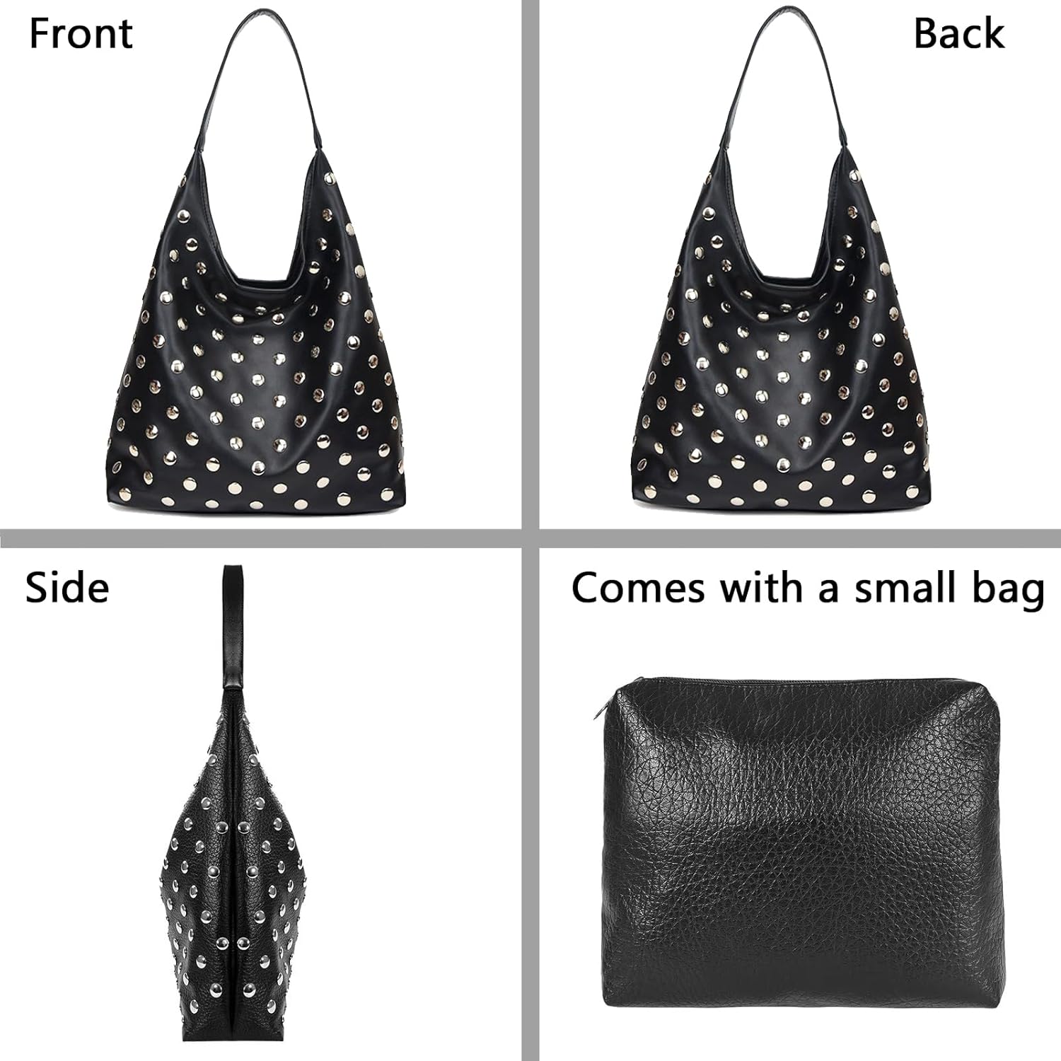 Tote Bag for Women with Studded Deco, Soft Vegan Hobo Bag, Leather Slouchy Purse Shoulder Handbag