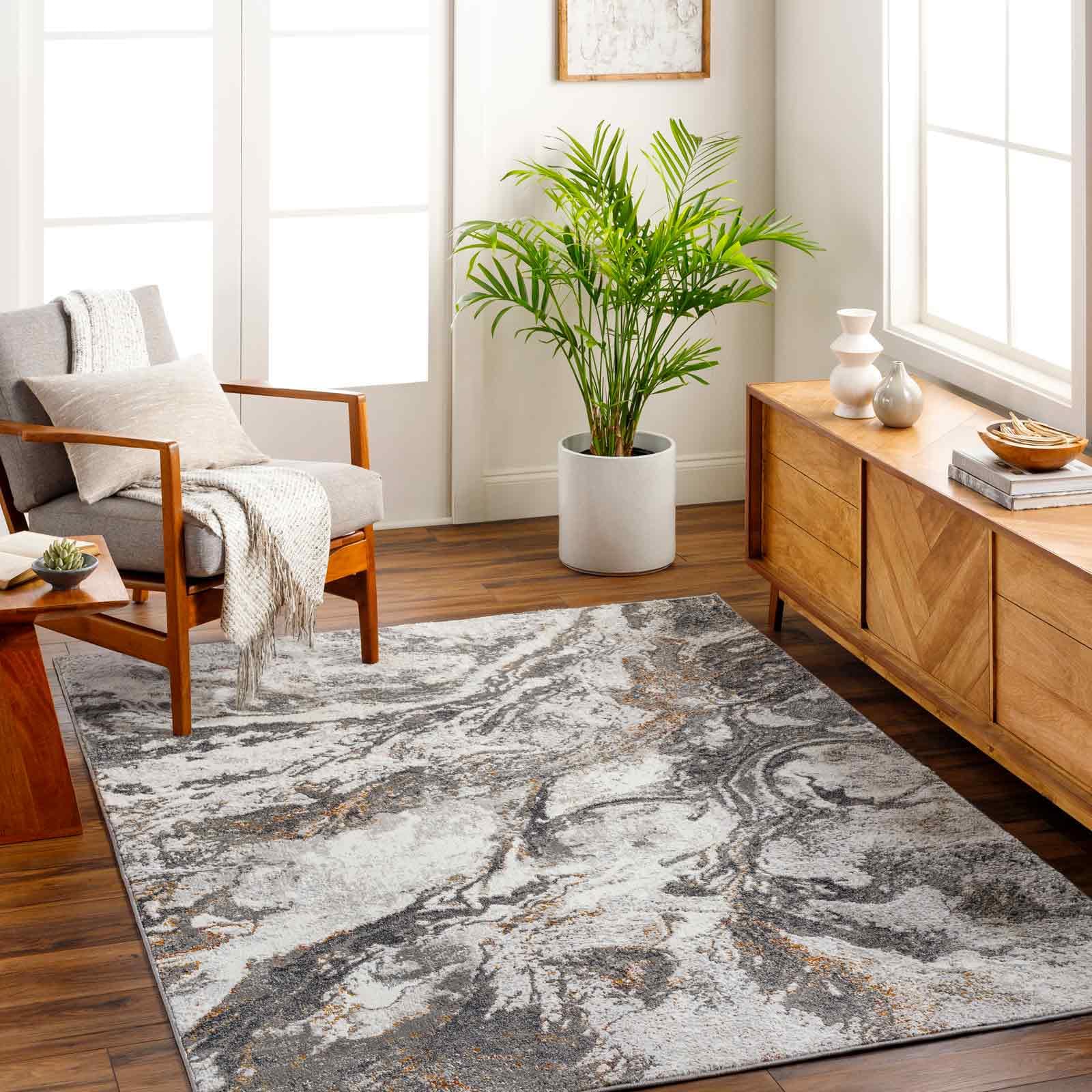 Livabliss Octavia Odunec Abstract Marble Style Floor Covering 160x213 cm – Modern Design for Living Room, Dining & Bedroom, Soft Medium Pile, Ivory, Black, Grey & Rust