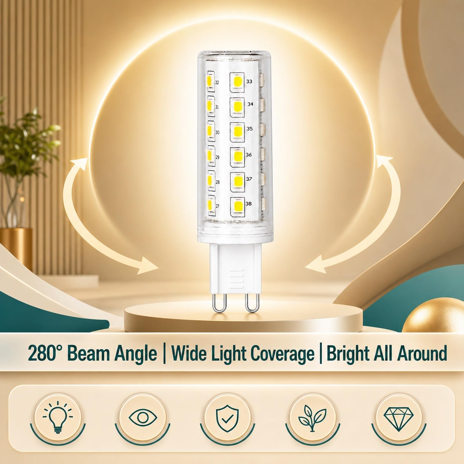 Bombilla LED G9 Luz Cálida 3000K, 5W=40W, Sin Parpadeo, Ahorro Energía, CRI≥80, Larga Vida, Para Araña, Aplique, Pasillo, Iluminación Interior, No Regulable(6 Pack)