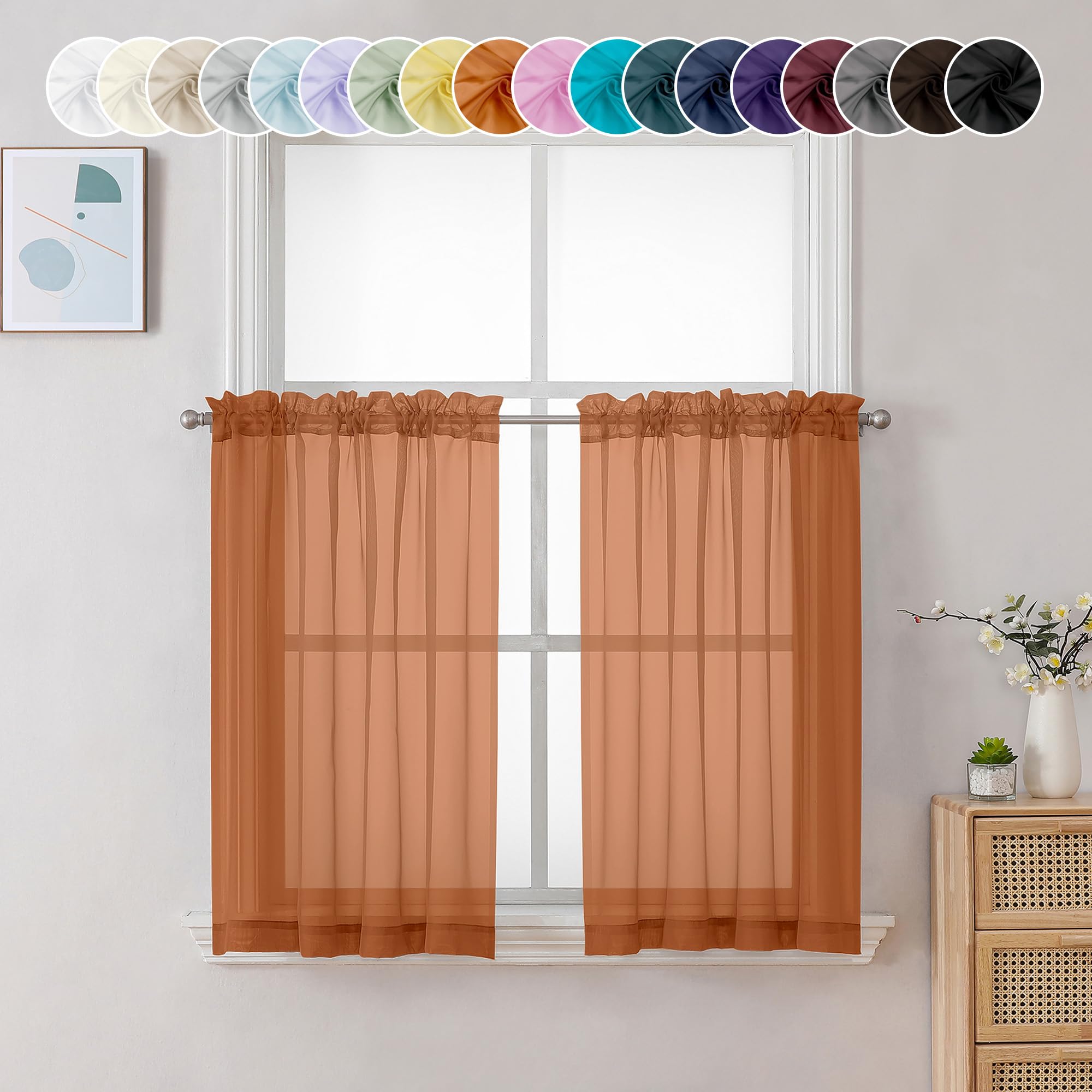 Chyhomenyc Sheer Orange Tier Curtains - 24 Inch Length, Small Window Treatment for Bathroom, Living Room, Basement - Short Rod Pocket Cafe Curtains, 42W x 24L Inches, 2 Panels
