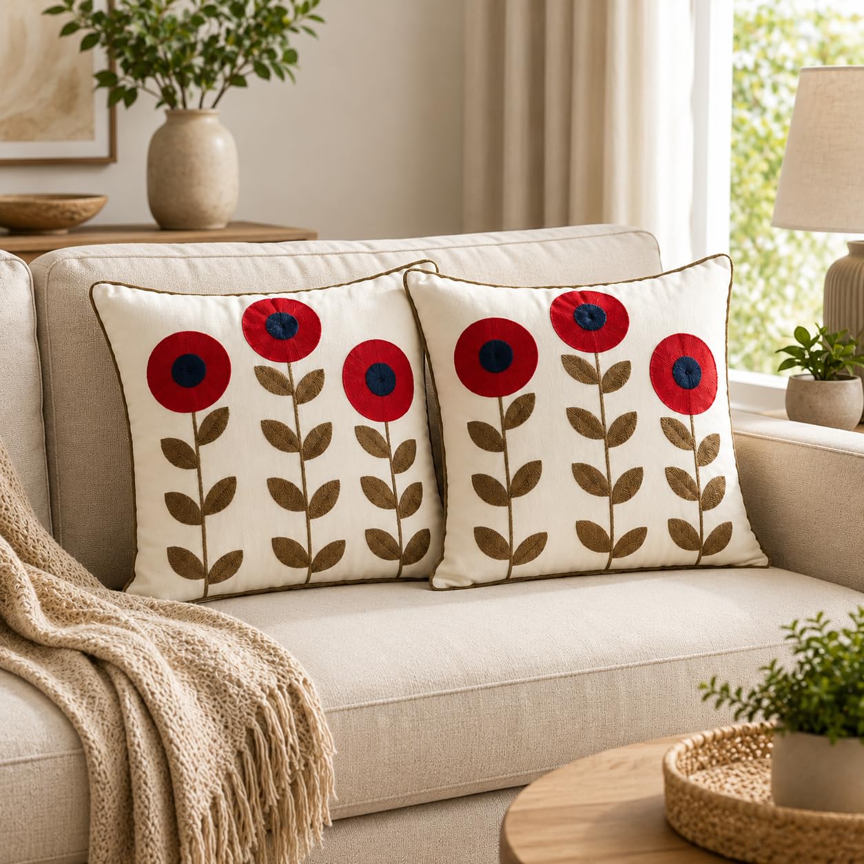 CASA-NEST Embroidered Silk Cushion Covers (16x16 inch, Pack of 2) - Decorative Square Throw Pillow Cases with Modern Flower Work (Ivory)-image-1