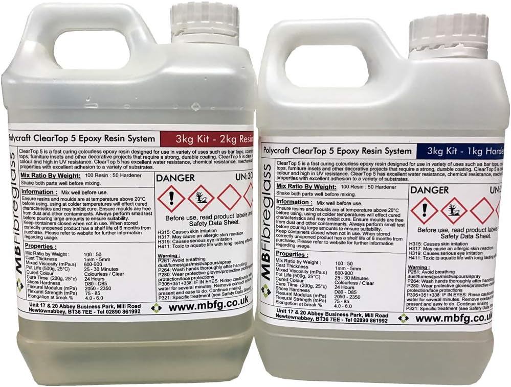 Polycraft ClearTop 5 Epoxy Water Clear Resin System (Bar/Counter/Table Top) 1mm - 5mm Casting Depth - 3kg Kit