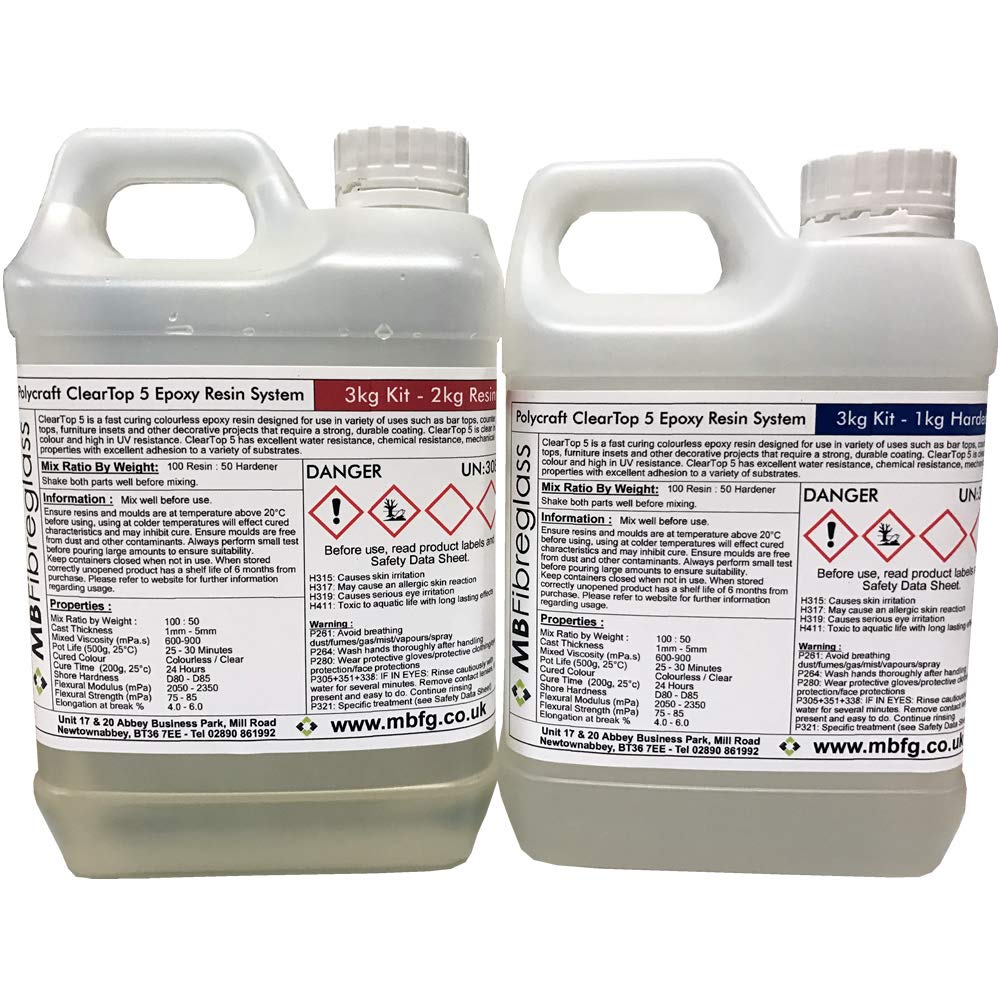 Polycraft ClearTop 5 Epoxy Water Clear Resin System (Bar/Counter/Table Top) 1mm - 5mm Casting Depth - 3kg Kit