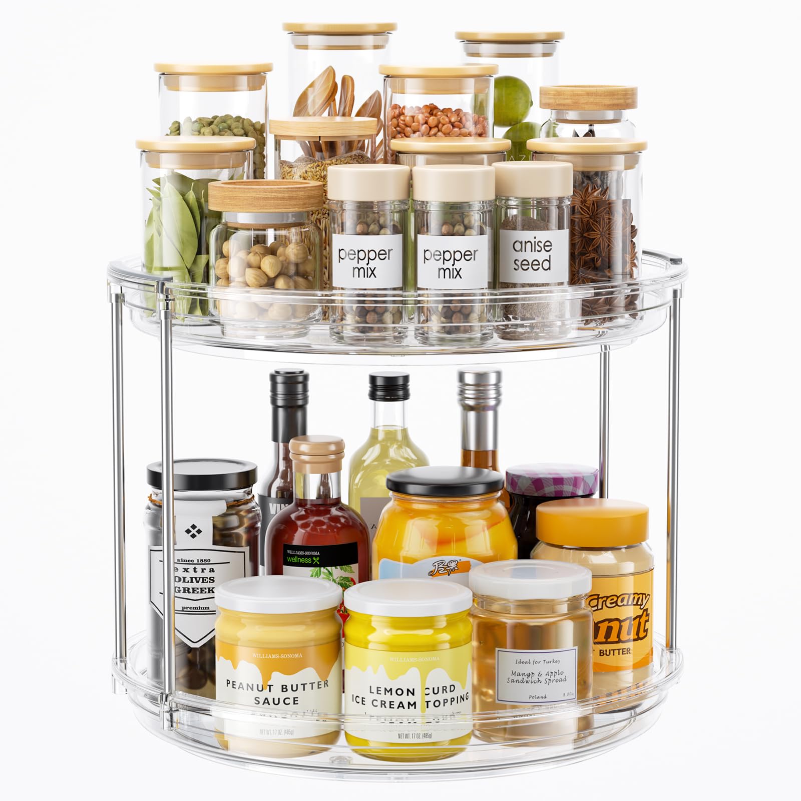LAMU 10.6in 2 Tier Lazy Susan Turntable Organizer Rotating Spice Rack Organization for Cabinet, Kitchen Pantry, Countertop, Bathroom, Vanity, Medicine Cabinet Organizer, Clear