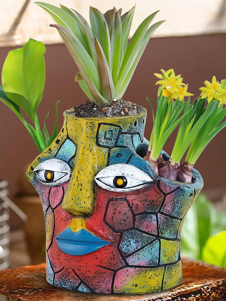Buachois Abstract Face Planter,Artistic Flowerpot,Three Hole Pots for Plants,Head Planter for Indoor Plants,Funny Face Colorful Plant Pots for Outdoor Garden Decor and Home Art Decoration