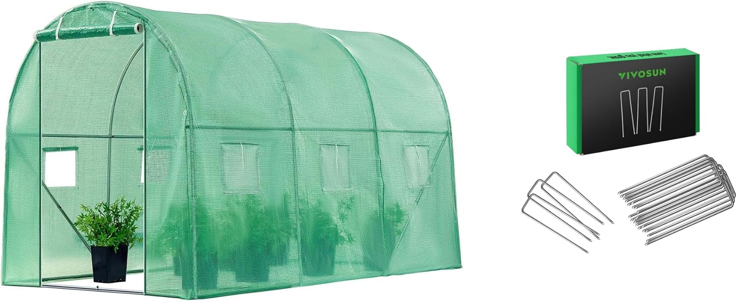 VIVOSUN 10x7x7 Ft. Large Walk in Greenhouse and 6 Inch 50-Pack Garden Stakes, Galvanized Steel Landscape Staples 11 Gauge U-Shaped Pins for Weed Barrier Fabric, Ground Cover, Soaker Hose