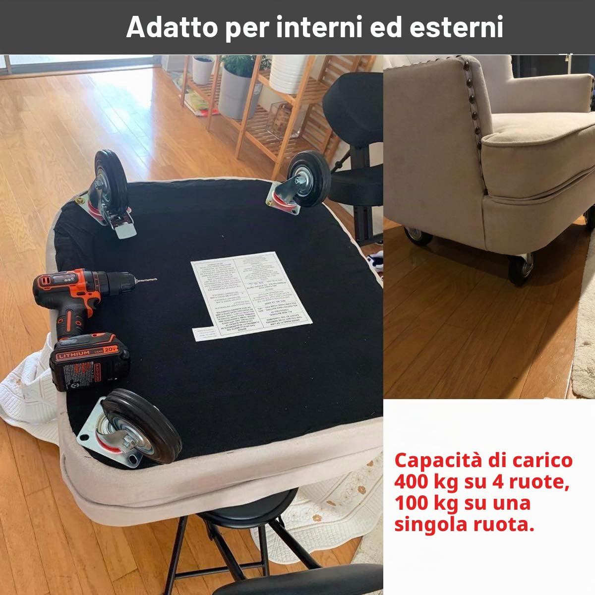 Ruote per Carichi Pesanti da 125 mm con Freno, 4 Rotelle per Mobile Rotelle Girevoli fino 400 kg, Ruote di Trasporto Rotazione 360°, Gomma Ruote industriali Pesanti (2 Girevoli + 2 Con Freno)