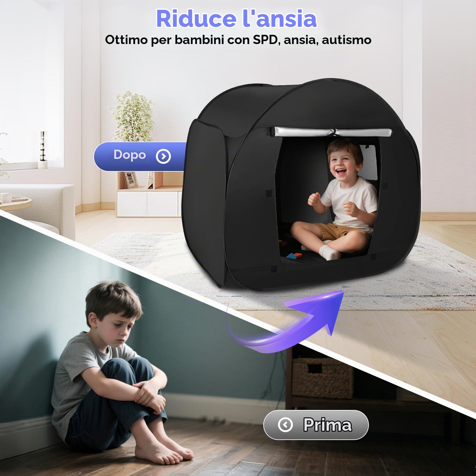 Tenda sensoriale per bambini per giocare e rilassarsi. Mini tenda ausiliaria per autismo, SPD, paure, caverna pop-up scura per bambini autistici | per casa o scuola